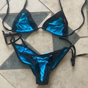 China Doll blue and black lace bikini. S/M top M/L bottom.
